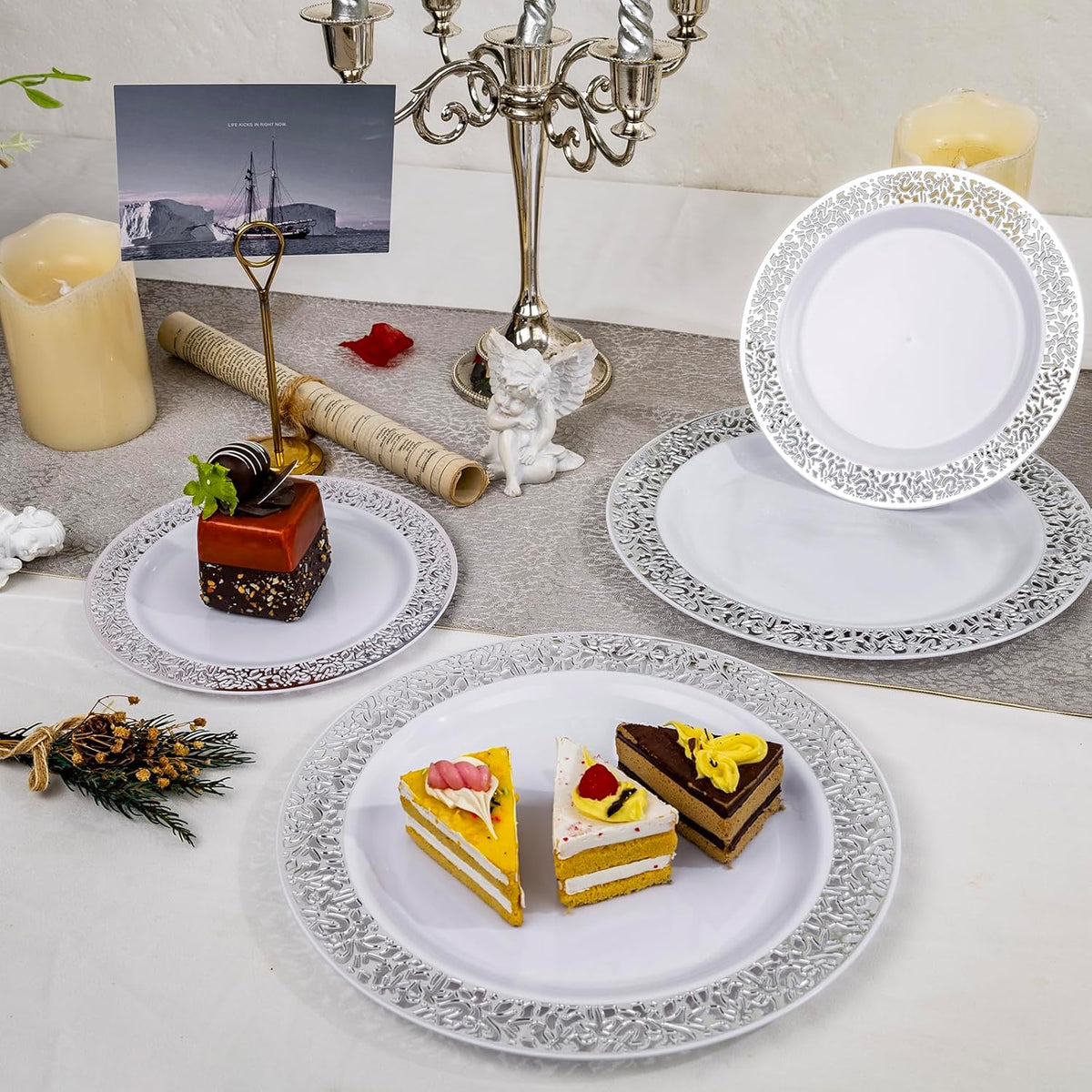 I00000 200 Pieces Silver Plastic Plates, Disposable Plastic Plates for 100 Guests Include: 100 Pcs Dinner Plate 10.25” and 100 Pcs Dessert Plate 7.5” with Silver Lace Rim Perfect for Wedding & Party