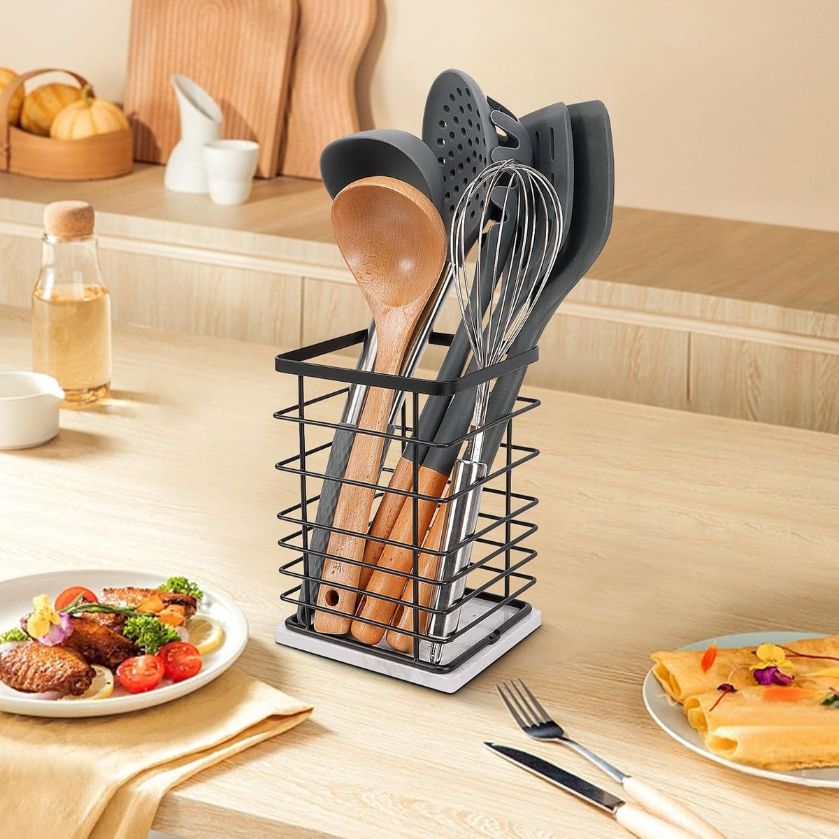 Square Kitchen Utensil Holder, Sturdy Metal Rack for Countertop Storage, Cooking Tools Organizer with Drainage Hole, Stylish Utensil Caddy for Effortless Kitchen Organization, with Marble Base