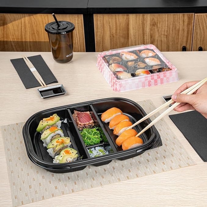 Restaurantware-Bento Tek 50.7 Ounce Meal Prep Containers, 100 Disposable To Go Food Boxes - Lids Sold Separately, 5 Compartments, Black Plastic Bento Lunch Boxes, Freezable, For Take Out