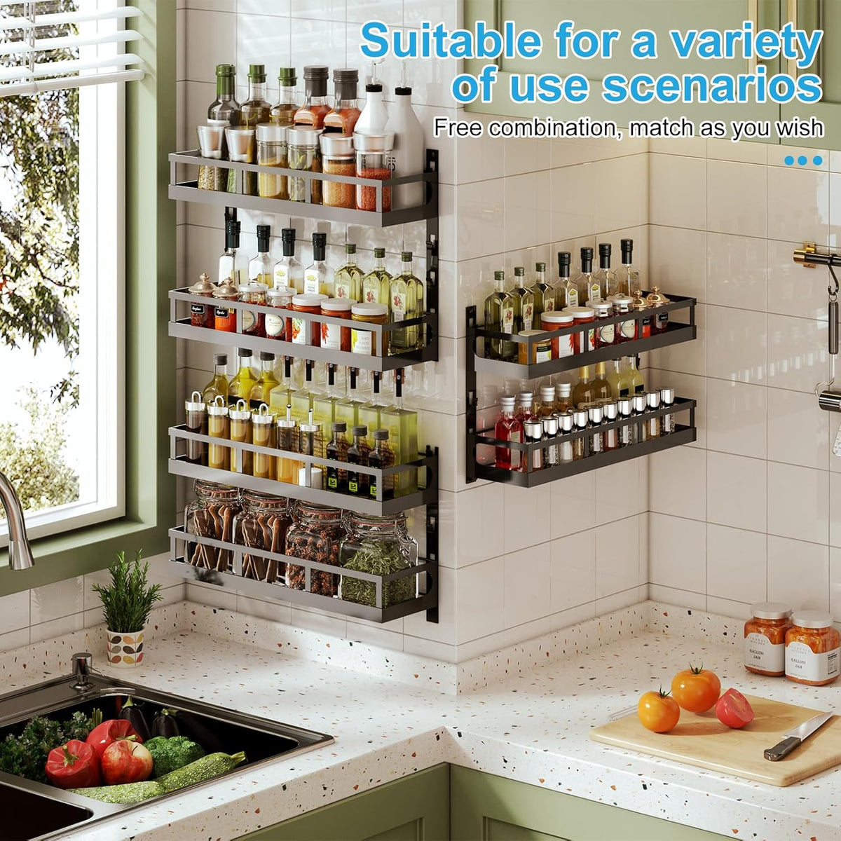 X-cosrack 6-Tier Wall-Mounted Spice Rack Organizer with Mixed Basket Sizes, Height-Adjustable Hanging Spice Shelf for Kitchen Pantry Cabinet, Large-Capacity Seasoning Holder, Black
