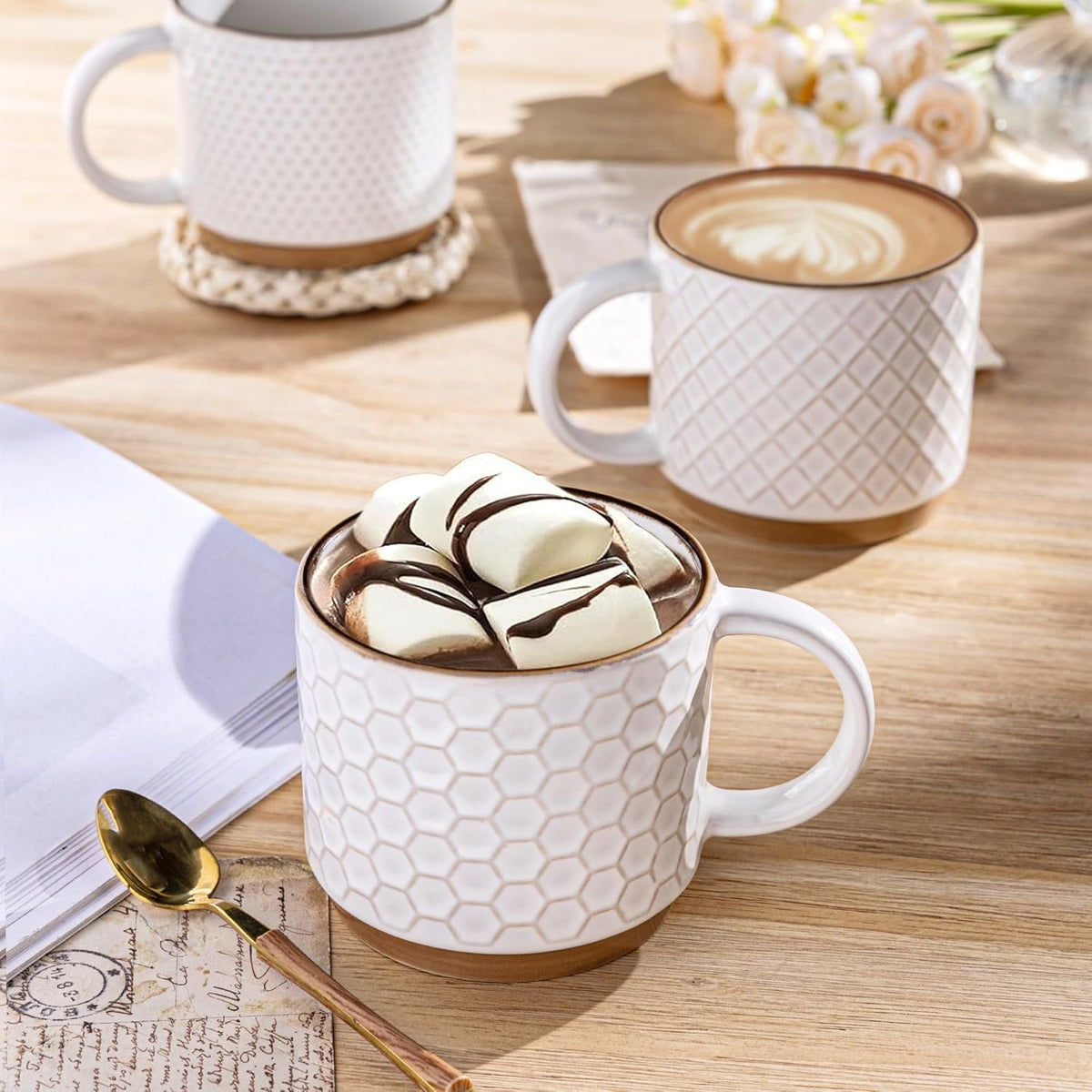GBHOME 12OZ Stackable Coffee Mugs, Ceramic Coffee Mugs with Texture Patterns for Man,Woman,Dad,Mom, Modern Coffee Mugs Set of 4 for Latte/Cappuccino/Cocoa. Dishwasher&Microwave Safe, Off White