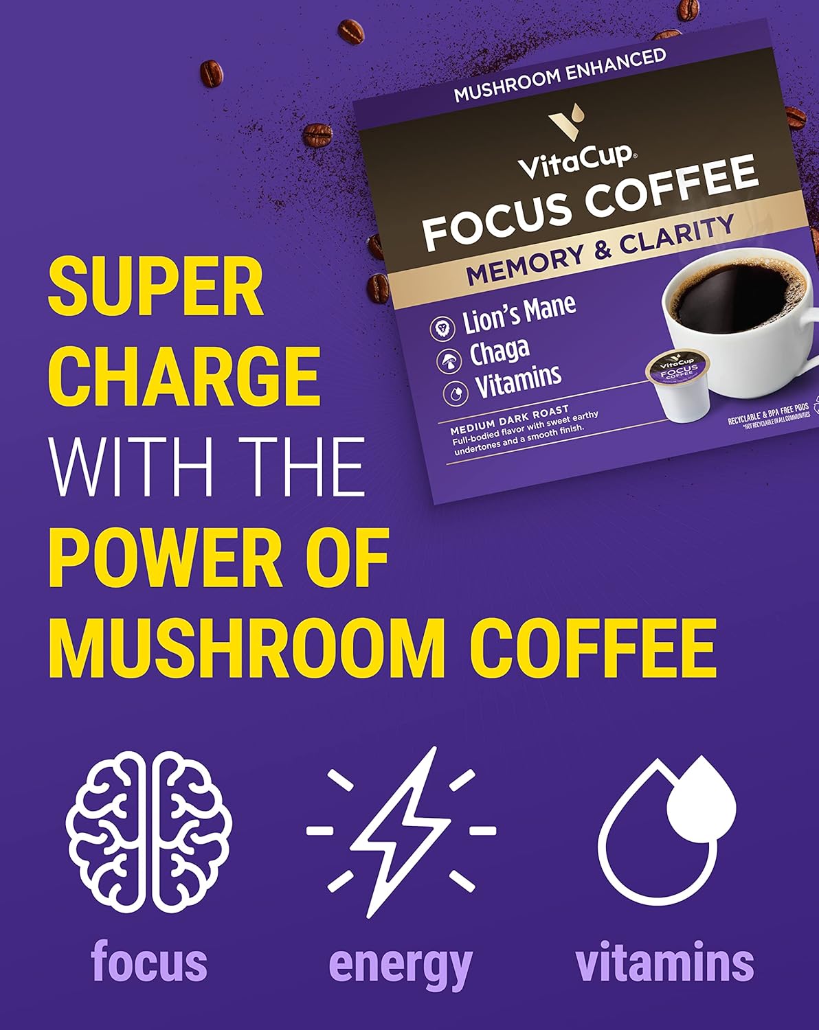 VitaCup Coffee Pods 40ct, Slim w/Garcinia for Diet Support 10ct, Genius Keto w/MCT Oil for Energy & Focus 10ct, Low Acid USDA Organic Perfect 10ct, & Focus w/Mushrooms for Memory & Clarity 10ct