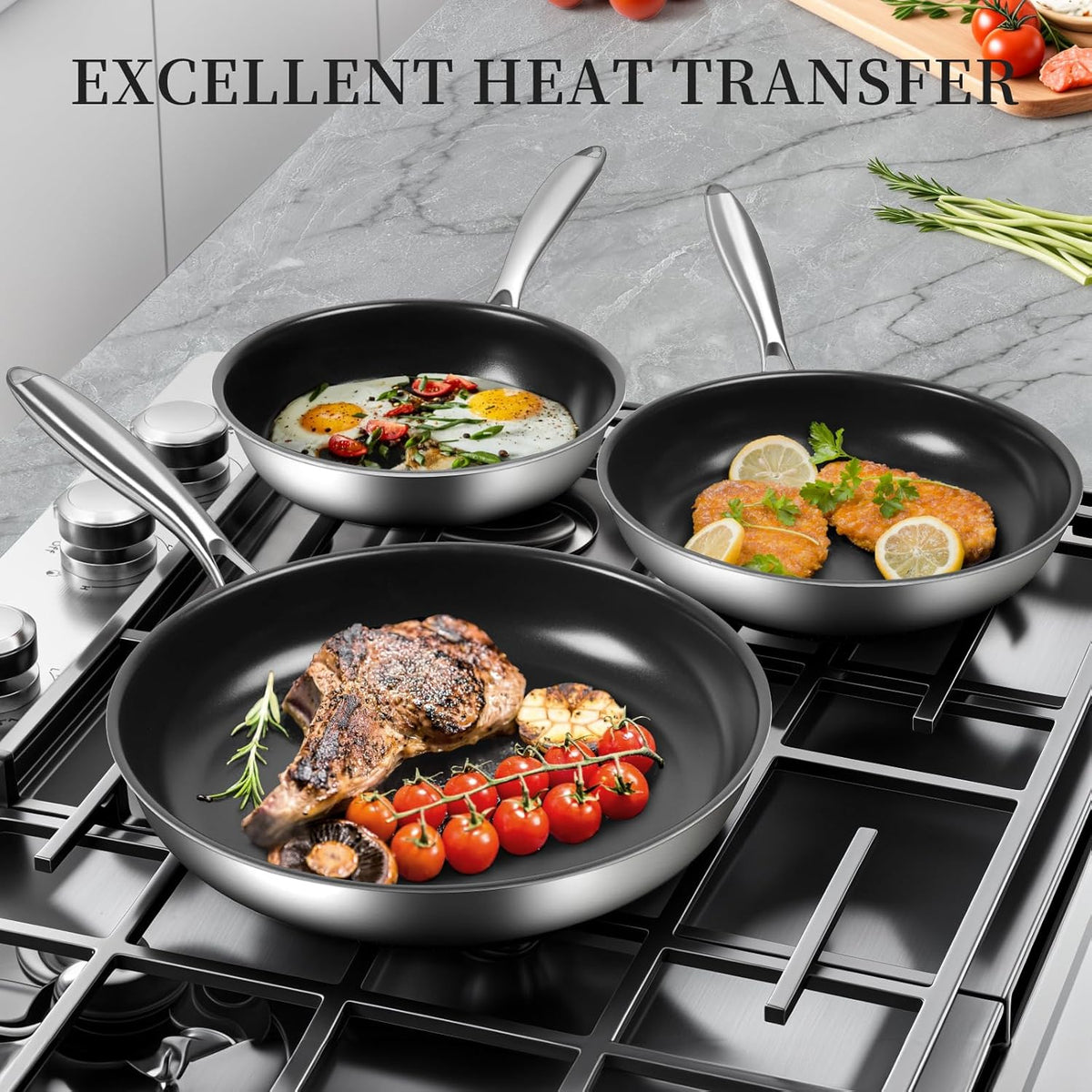 Stainless Steel Frying Pan Set with Lids, 6 Pieces Titanium Ceramic Frying Pans Nonstick W/Lid, Non Stick Egg Omelet Cooking Pan Set with Stay-Cool Handle, Induction Compatible, PFAS&PFTE Free