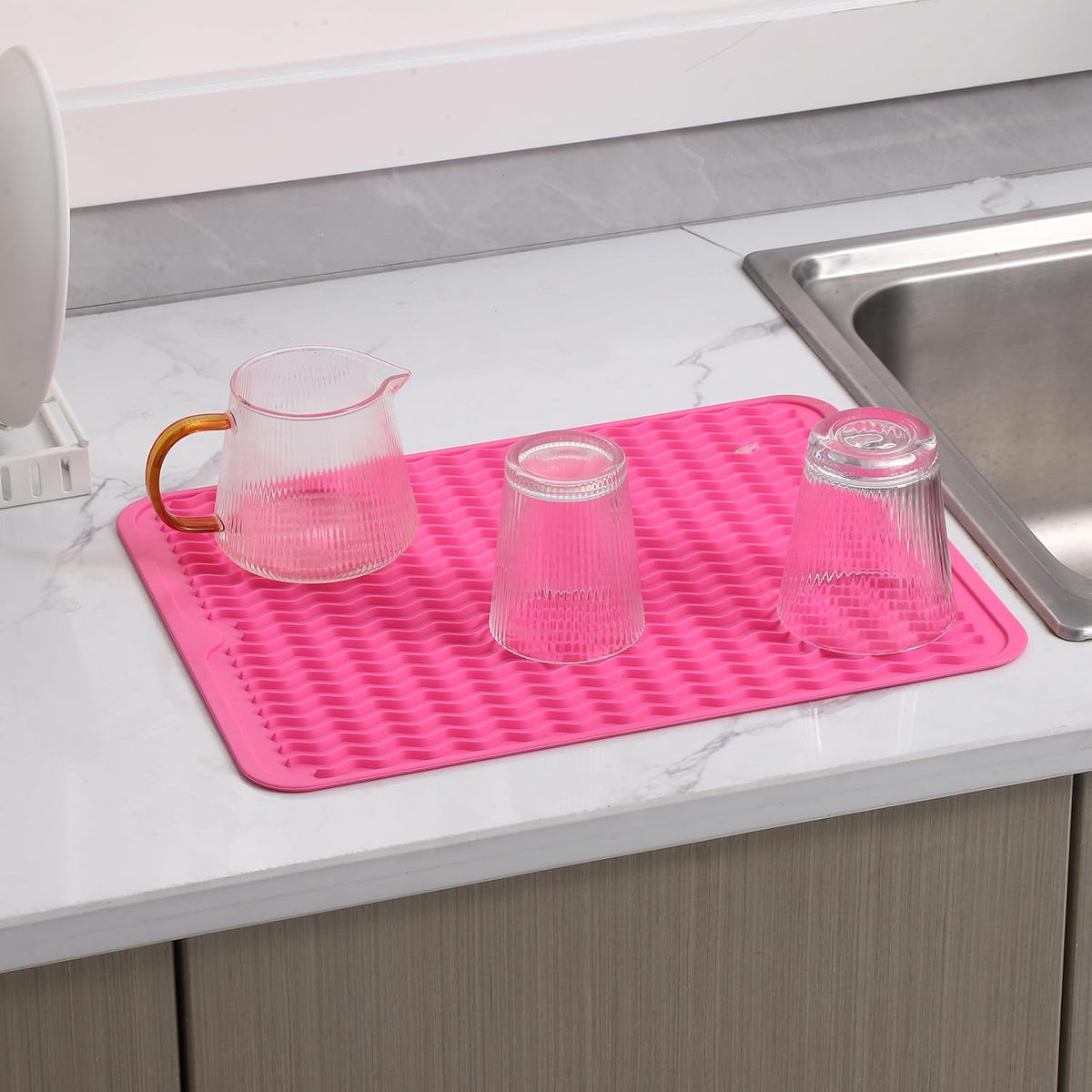 Silicone Dish Drying Mat for Multiple Usage,Easy clean,Eco-friendly,Heat-resistant Silicone Mat for Kitchen Counter or Sink,Refrigerator or drawer liner Rose L 16 inches x 12 inches