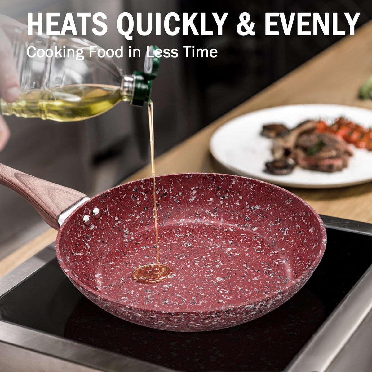 KOCH SYSTEME CS 12" Red Granite Non-Stick Frying Pan with Lid, Classic Pans with Non-toxic Nonstick Coating, Aluminum Skillet with Heat-resistant Bakelite Handle, Induction Compatible Frying Pan