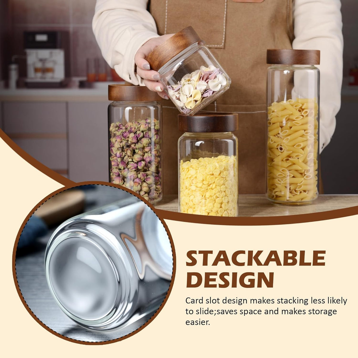 40 oz/1200 ml Glass Jar with Airtight Wooden Screw Top Lid, Clear Stackable Food Storage Canister, Large Tall Decorative Glass Container for Coffee, Candy, Cookie, Sugar, Oatmeal, Salt, Pasta