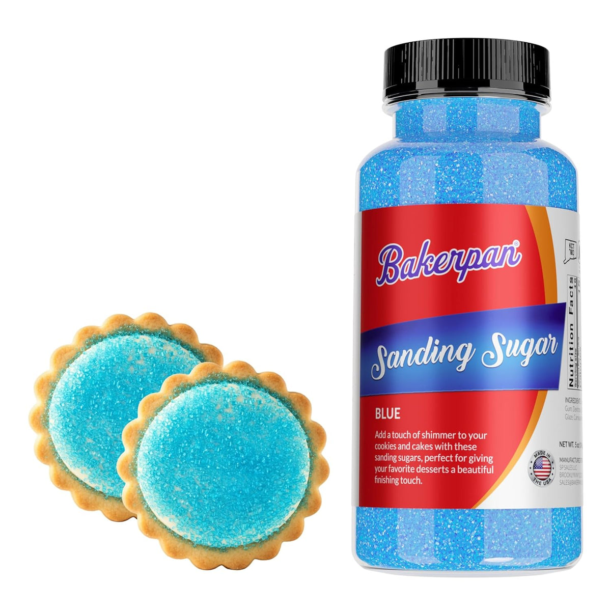 Bakerpan Blue Sanding Sugar for Baking & Cookie Decorating - 5 Ounce Edible Blue Sugar Sprinkles for Cookies, Cakes, Cocktails (Made In USA)