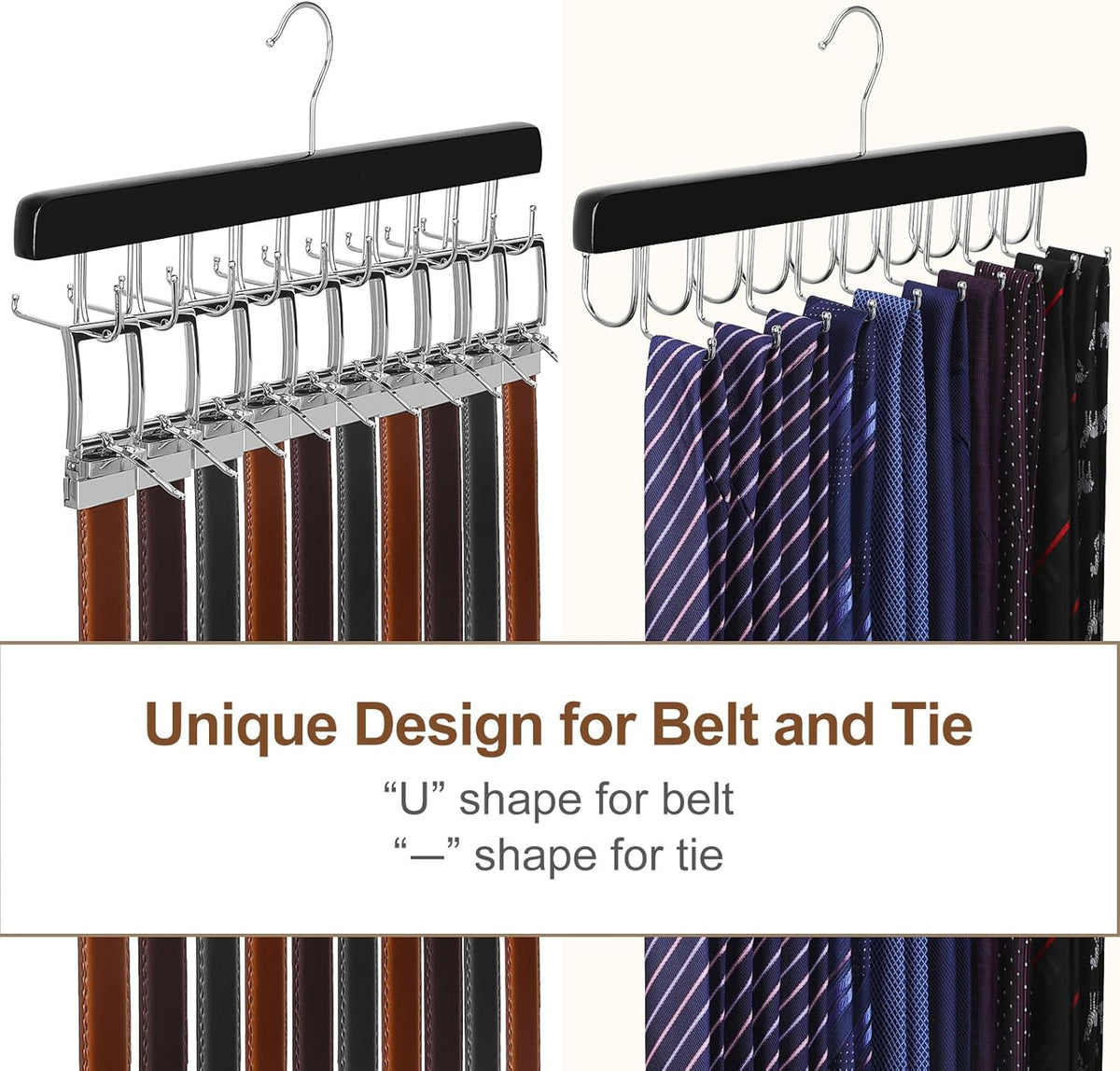 TOPIA HANGER 20 Hooks 2 in 1 Belt Tie Hanger for Closet Max 30 Belts with 30 Ties Capacity, Belt Tie Racks Wooden Hanger for Closet Organizer Storage “U” Fit for Belt and “一” Fit for Tie - CT47B