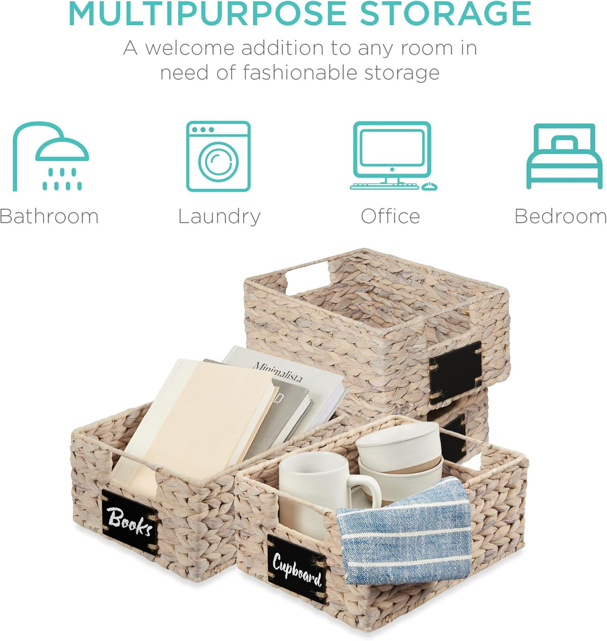 Best Choice Products Set of 4 9x12in Water Hyacinth Pantry Baskets, Woven Organizers w/Chalkboard Label, Chalk Marker - White