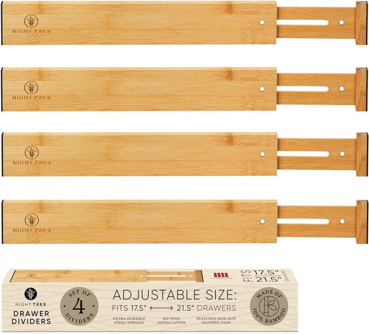 Night Tree Expandable Bamboo Drawer Dividers – Spring-Loaded Wooden Organizers for Clothes, Kitchen Utensils, Bathroom, and Dresser Drawers (17.5" to 21.5")