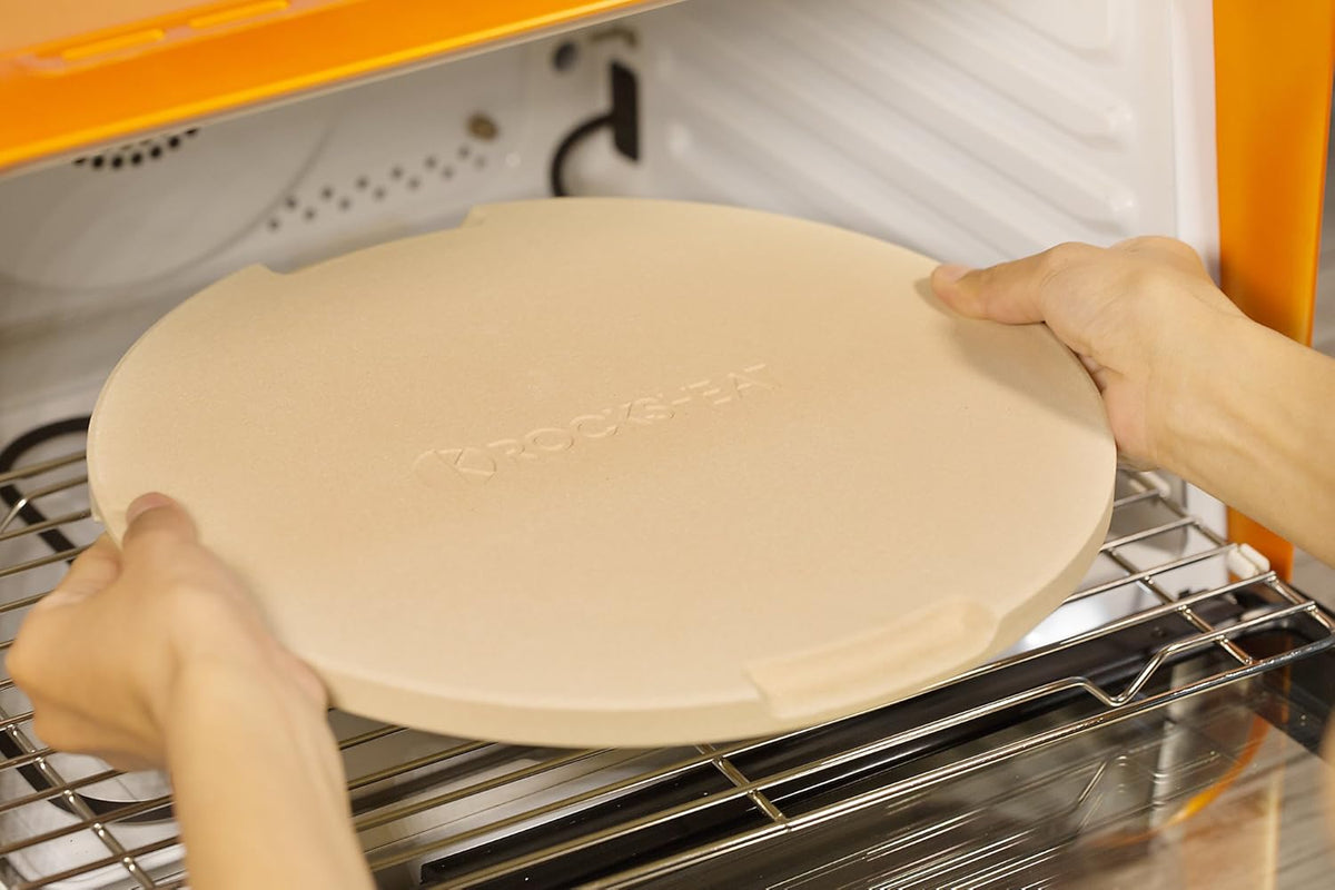 Pizza Stone 12.6in Round Baking & Grilling Stone, Perfect for Oven, BBQ and Grill. Innovative Double - faced Built - in 4 Handles Design