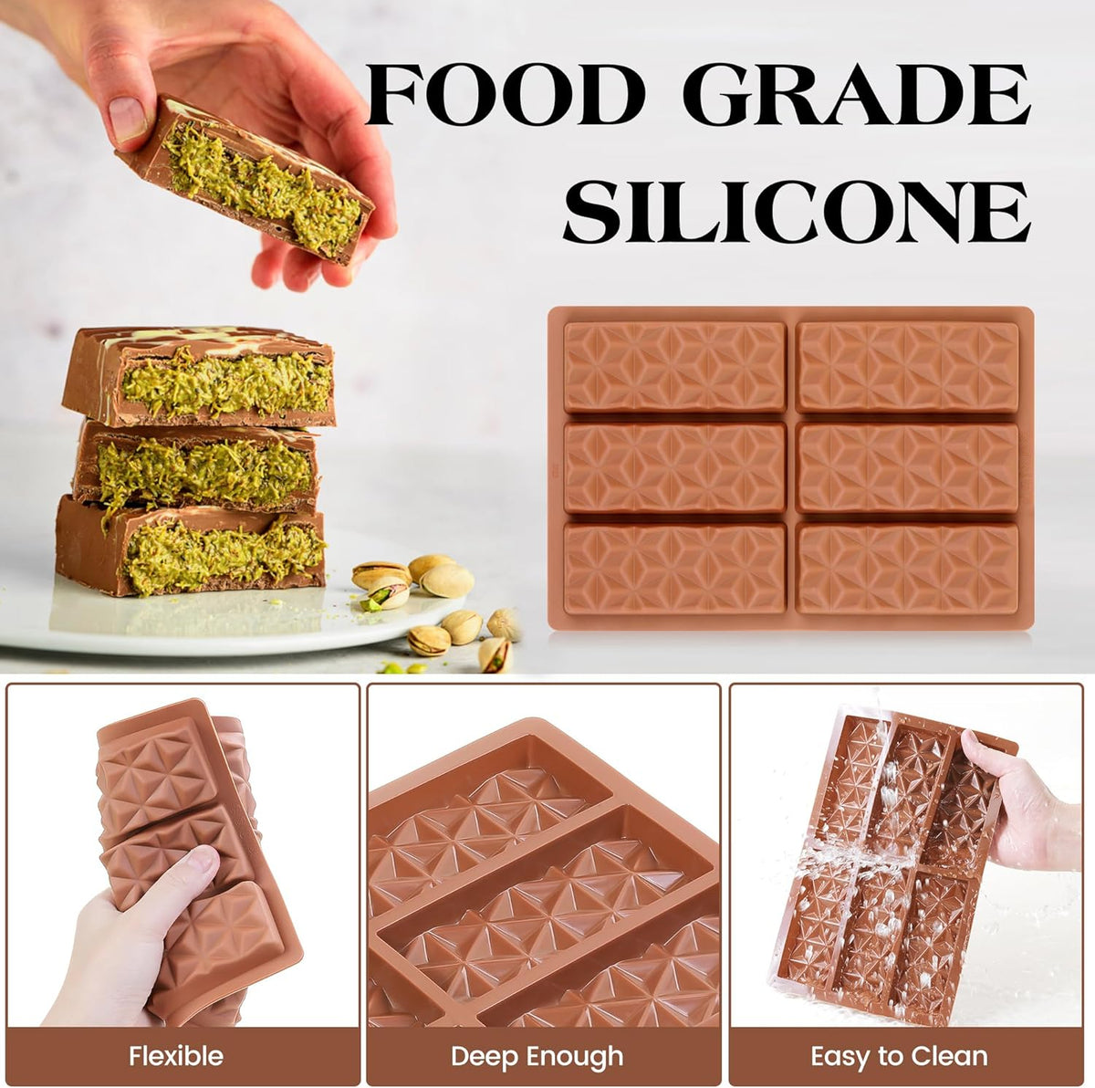 1 Pc Chocolate Bar Mold Deep Dubai Stuffed Silicone Molds for Filling Knafeh Pistachio Chocolate Bar and Wax Melts Rectangle Thick Candy Bar Molds Break Apart (Pyramid）