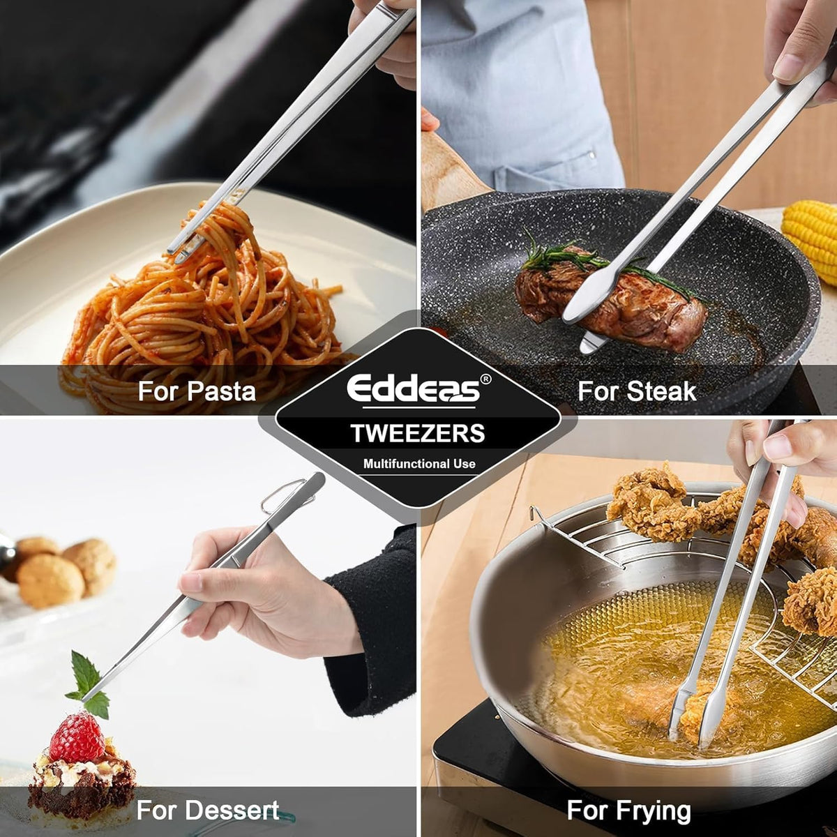 Tongs For Cooking - Heat Resistant 600 Degrees, All Metal Kitchen Tweezers Tongs, Heavy Duty Stainless Steel Cooking for Food, Grill, BBQ, Dishwasher safe Set of 4 (12" & 9in)