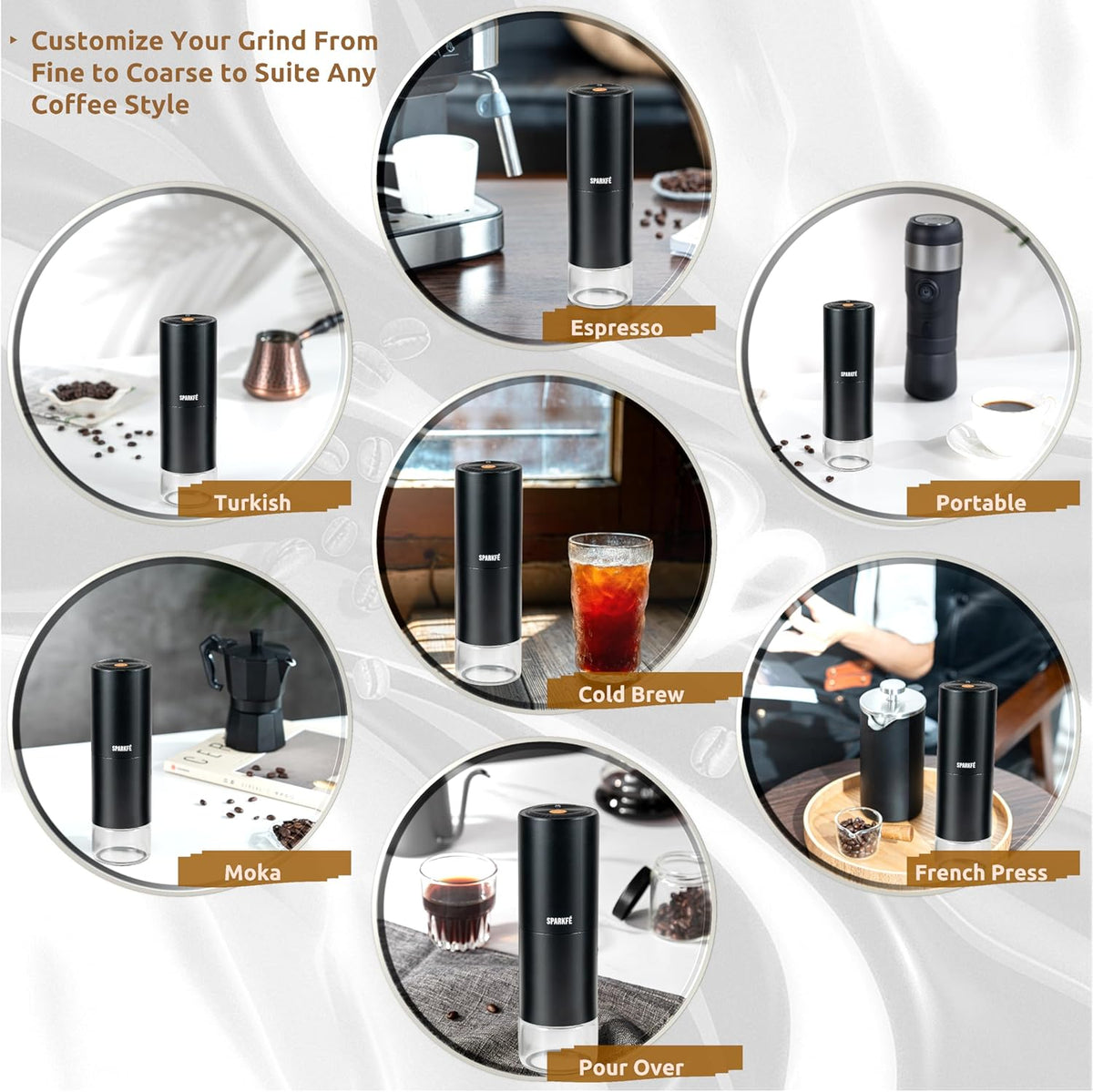 Portable Electric Coffee Grinder, Rechargeable Handheld Grinder with Stainless Steel Conical Burr, Adjustable Grind Settings, for Espresso, Moka, Pour Over, French Press, Cold Brew, Obsidian