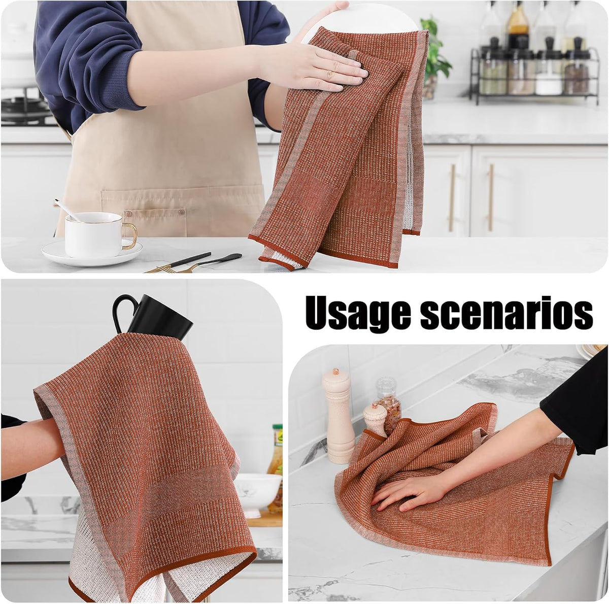 Homaxy Premium Kitchen Towels(18”x 28”, 8 Pack), Large Cotton Kitchen Hand Towels, Flat and Terry Dish Towels, 380 GSM Highly Absorbent Tea Towel Set with Hanging Loop, Rust