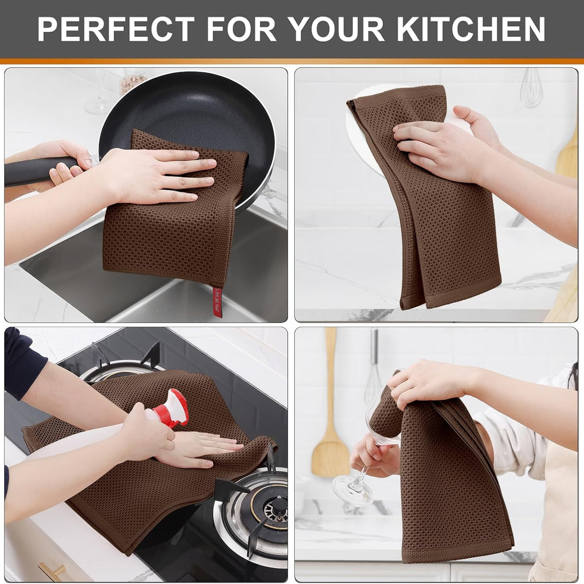 Kitinjoy 100% Cotton Waffle Weave Kitchen Towels (13 X 28 Inches, Coffee), 4-Pack Super Soft and Absorbent Dish Towel for Drying Dishes, Kitchen Hand Towels