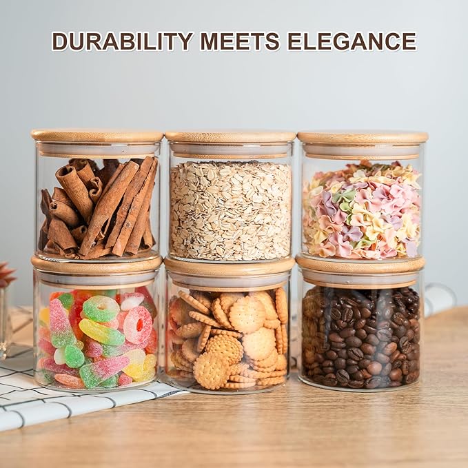 Glass Food Storage Jars 6-Pack - 4x4 in-Clear Glass Food Canisters with Bamboo Lid Airtight For Serving Tea, Coffee, Flour, Sugar, Candy, Cookie, Spice and More (Circular)