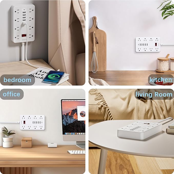Power Strip with USB, Flat Plug Extension Cord Surge Protector 5 Ft, HUNIAN Power Strip with 8 Widely Spaced Outlets 6 USB Charger (1 USB C Port), Desk Charging Station for Home Office, White