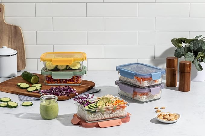 Ello Color Lock 3.4 Cup 10PC, 5 Pack Glass Meal Prep Sets Leak-Proof Glass Food Storage Containers with Airtight BPA-Free Plastic Lids, Dishwasher, Microwave, and Freezer Safe, Desert Festival