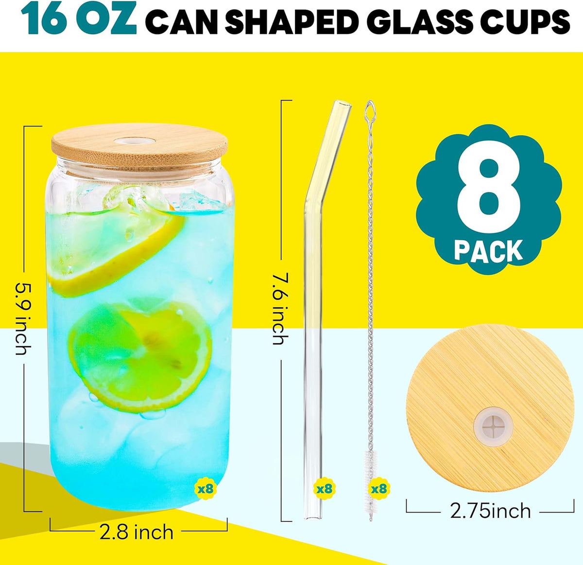 Joyclub Glass Cups with Bamboo Lids and Straws 8 Set 16 oz Reusable Iced Coffee Cup Beer Can Drinking Jars for Smoothie Whiskey Boba Soda Tea Gift