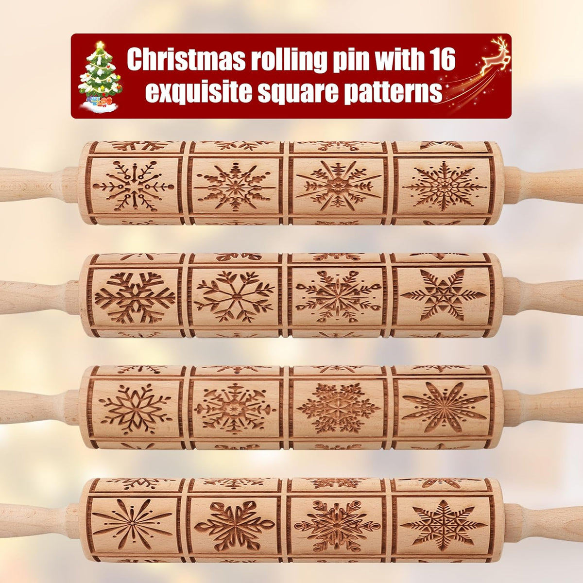 17" Premium Wood Rolling Pin with Snowflake Embossed Designs | 3mm Deep Springerle Cookie Molds | Christmas Rolling Pin & Baking Gifts for Women | Includes 3-in-1 Cleaning Brush