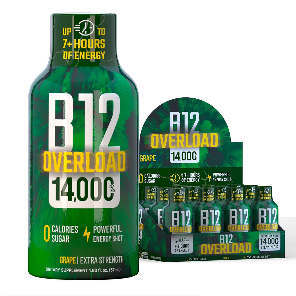 B12 Overload Extra Strength Energy Shot – Grape – 260mg Caffeine, 14000% B12, Electrolytes – Energy & Vitality Support – Zero Sugar No Calories – Vegan, Kosher, Gluten-Free – 1.93 fl oz, 12-Pack
