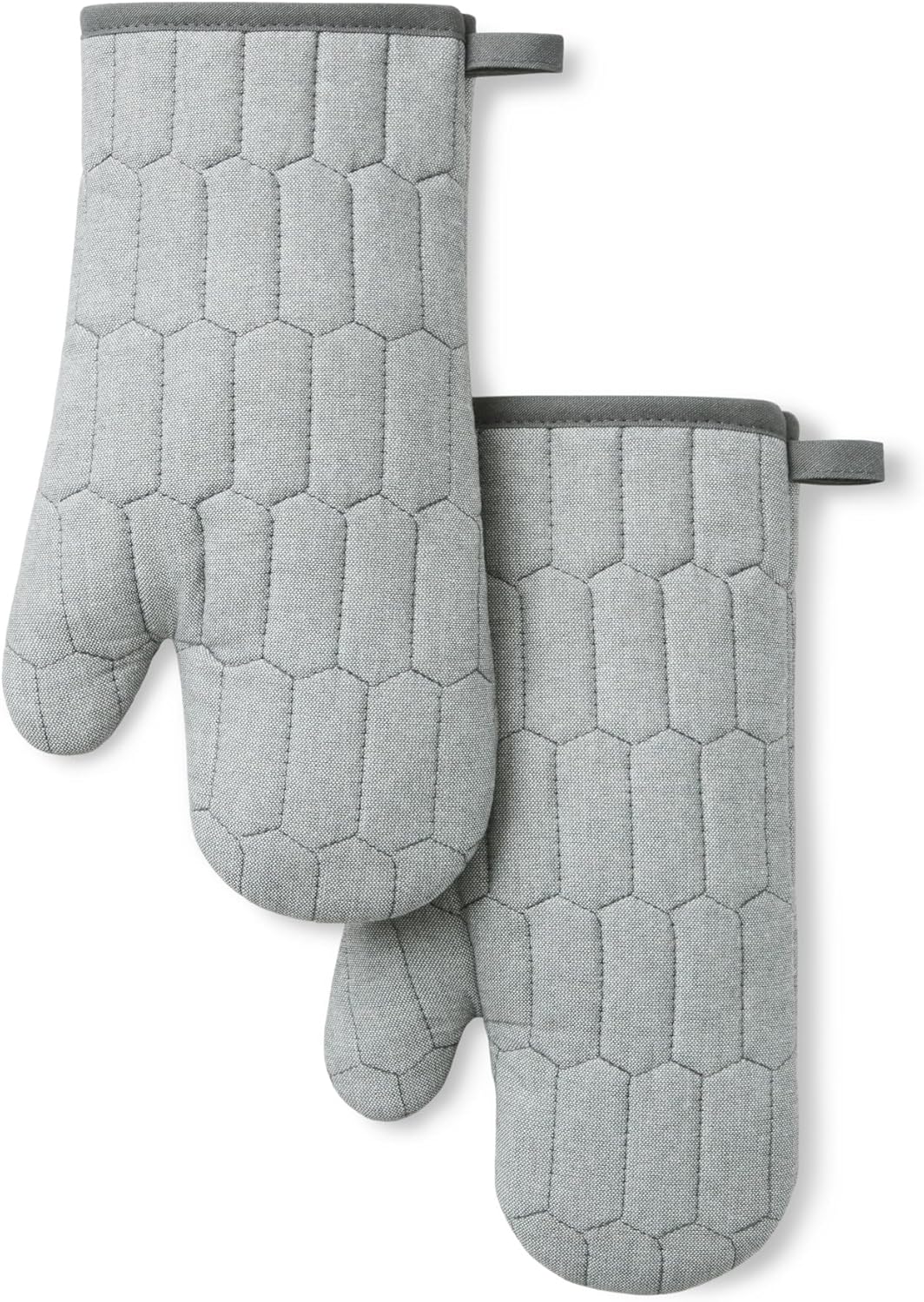 MARTHA STEWART Honeycomb Quilted Chambray Oven Mitt 2-Pack Set, 100% Cotton, Heat Resistant, Flexible Grip, Grey, 7"x13"