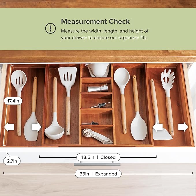Adjustable Kitchen Drawer Organizer for Utensils and Junk, Food-Safe Contract Grade with 100% Sustainable Wood, Non-Slip, Expandable from 18.5 to 33 Inches Wide - Natural Acacia