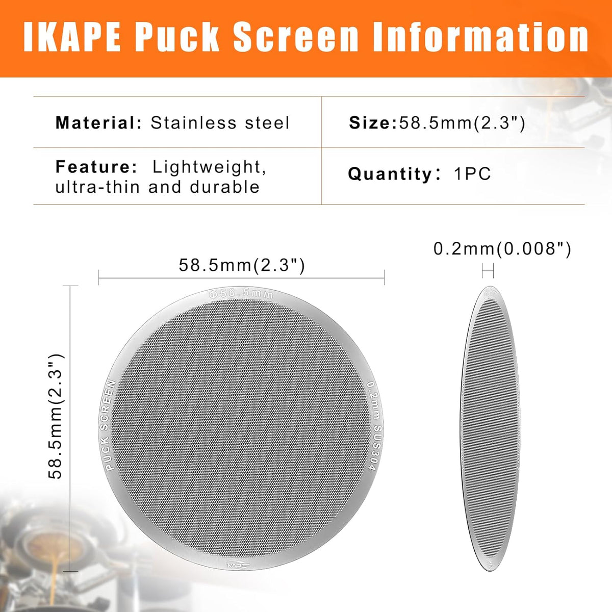 IKAPE 58.5mm Espresso Puck Screen, 0.2mm Thickness, Reusable Metal Ultra-thin & Ultra-light Coffee Filters, Food-grade 316 Stainless Steel Coffee Puck Screen for Espresso Baristas
