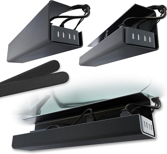 No-Screw Under Desk Cable Management Tray - Self-Adhesive Installation, Cord Management, Cable Tray, Under Desk Wire Organizer - Black Set of 2