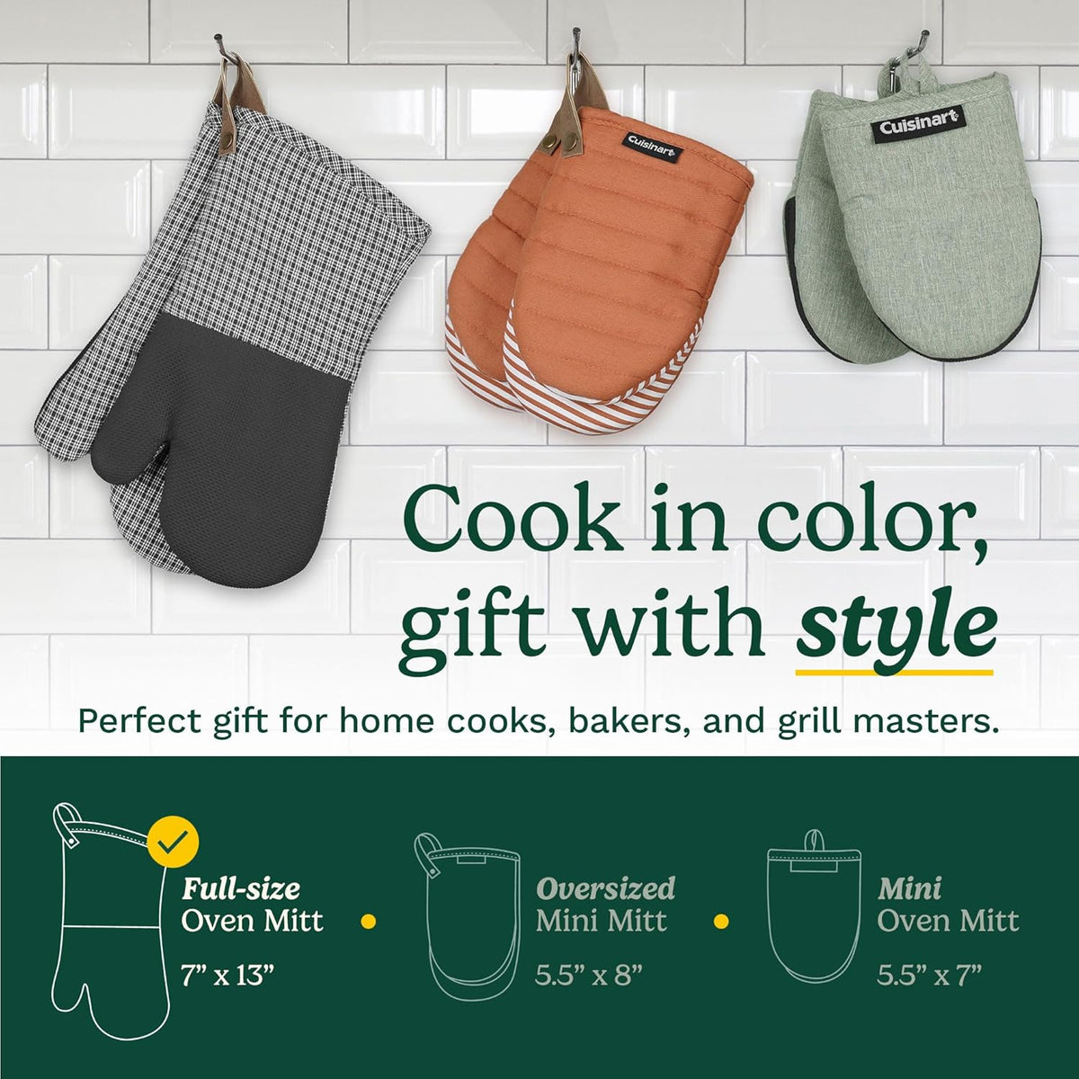 Cuisinart Heritage Kitchen Oven Mitts – Heat-Resistant Kitchen Mitts for Oven with Non-Slip Neoprene Palm, Long Cuff, and Cotton Filling – Durable Oven Gloves for Cooking, Baking, & Grilling