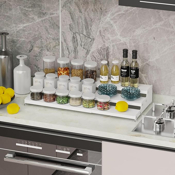 Expandable Spice Rack Storage organizer with 3-Tier step shelf cabinet,seasoning racks organizion.Great for Kitchen countertop shelves,Pantry and more(1Pack/White)