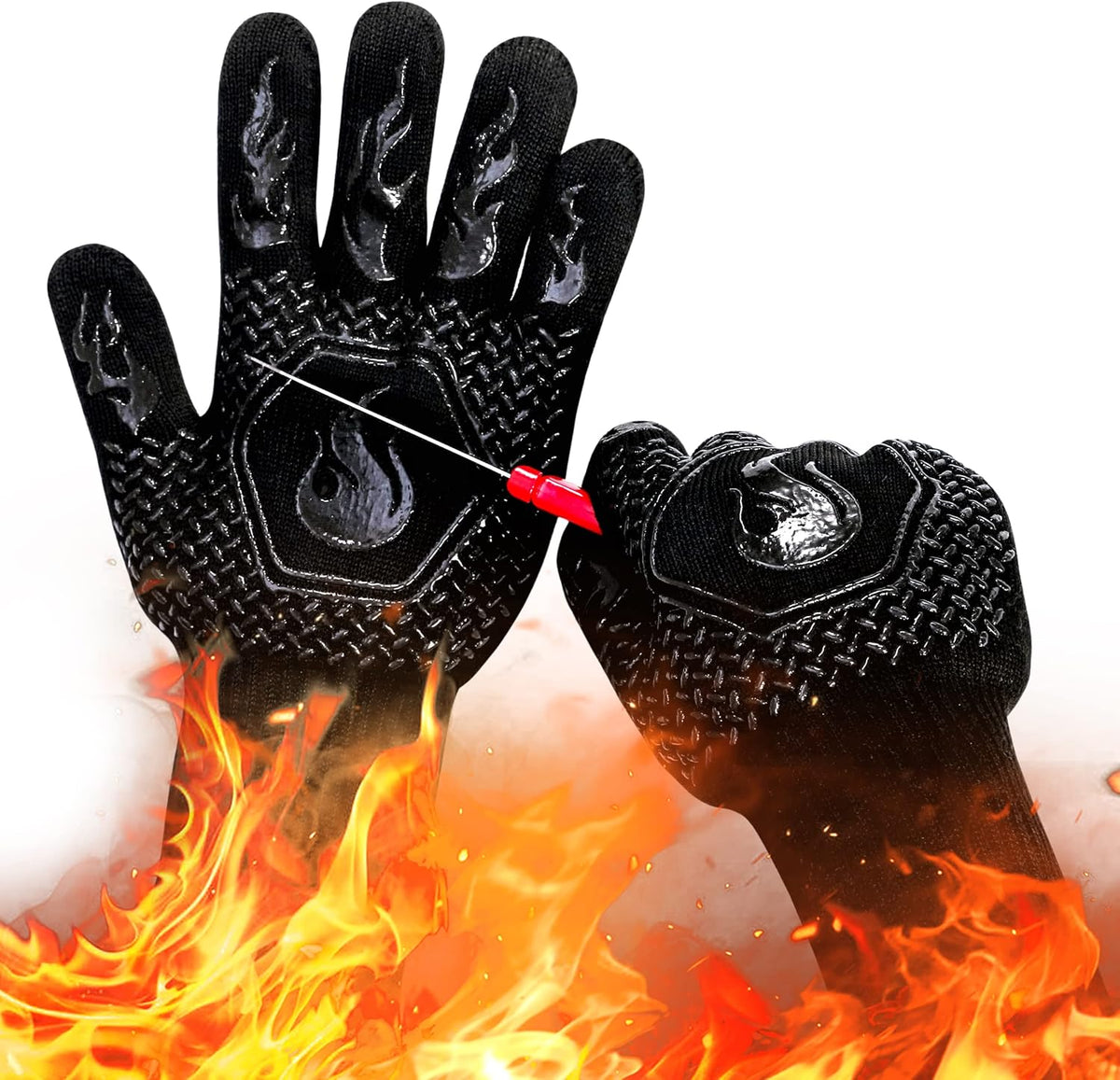 BBQ Fireproof Gloves, Grill Cut-Resistant Gloves 1472°F Heat Resistant Gloves, Non-Slip Silicone Oven Gloves, Kitchen Safe Cooking Gloves for Oven Mitts,Barbecue,Cooking, Frying,13.5 Inch-Black