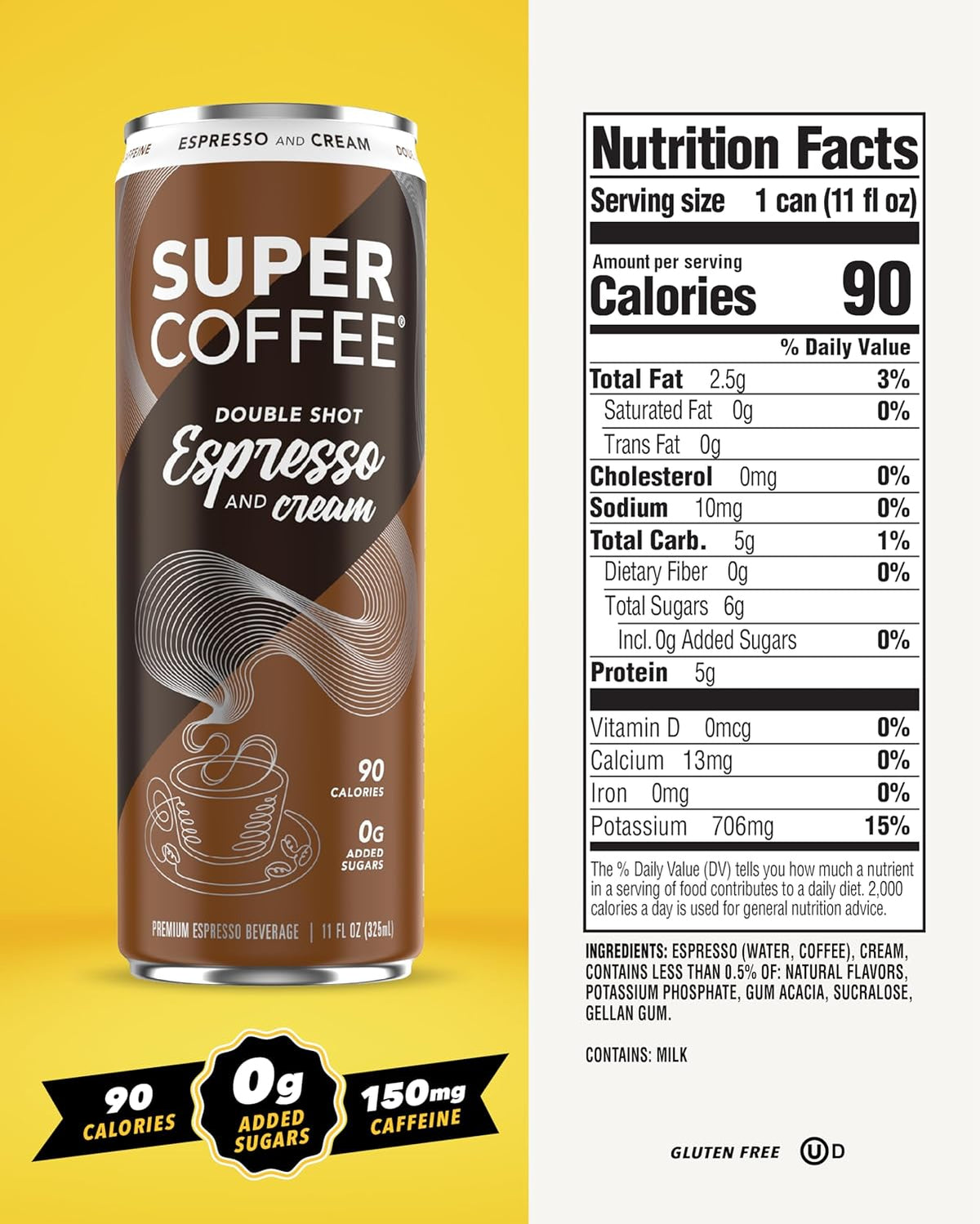 SUPER COFFEE Espresso, Iced Keto Coffee (0g Added Sugar, 90 Calories) [Espresso & Cream] 11 Fl Oz, 12 Pack | Iced Smart Coffee - SoyFree GlutenFree