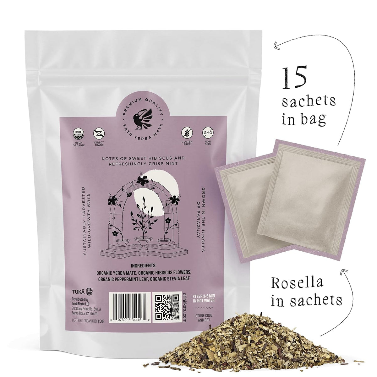 Katú Rosella Teabags, Premium Organic Yerba Mate Tea with Hibiscus, Peppermint, and Stevia Leaves, Vibrant Floral Twist, Natural Energy, 15 Satchets