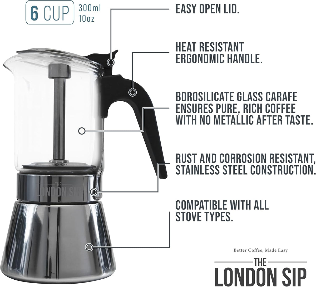 London Sip Glass and Stainless Steel Stovetop Espresso Maker Moka Pot Italian Coffee Percolator, Glass, Medium (10.14 oz)
