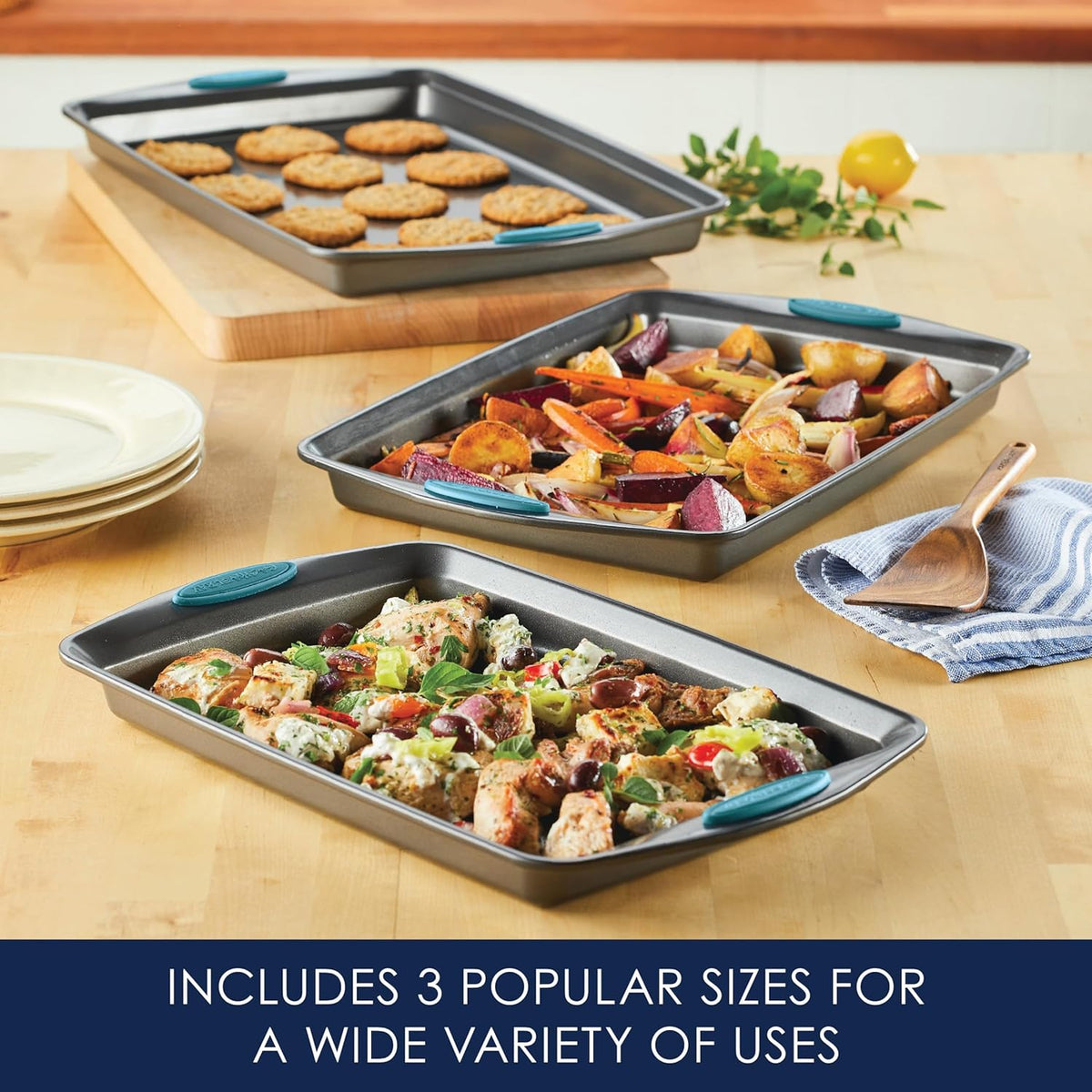 Rachael Ray Bakeware Nonstick Cookie Pan Set, 3-Piece, Gray with Agave Blue Grips