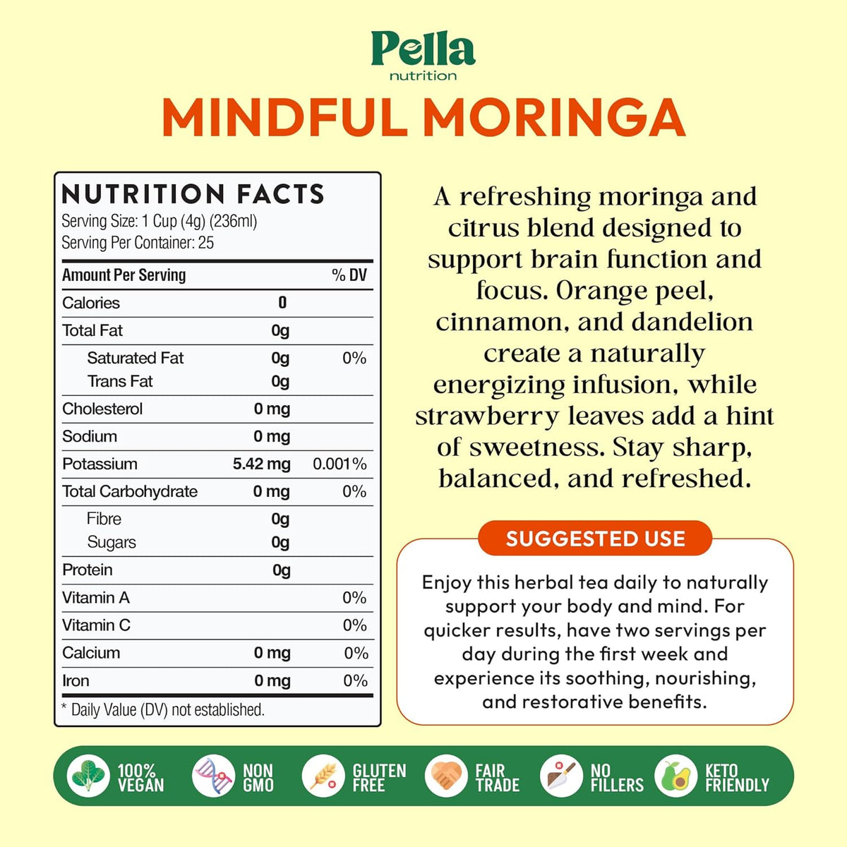 Moringa and Dandelion Tea – With Orange, Cinnamon, Strawberry, and Safflower Petals – Gluten-Free, Vegan, Kosher – Caffeine-Free, Healthy Energy Drink – Herbal Blend for Focus & Wellness (25 Tea Bags)