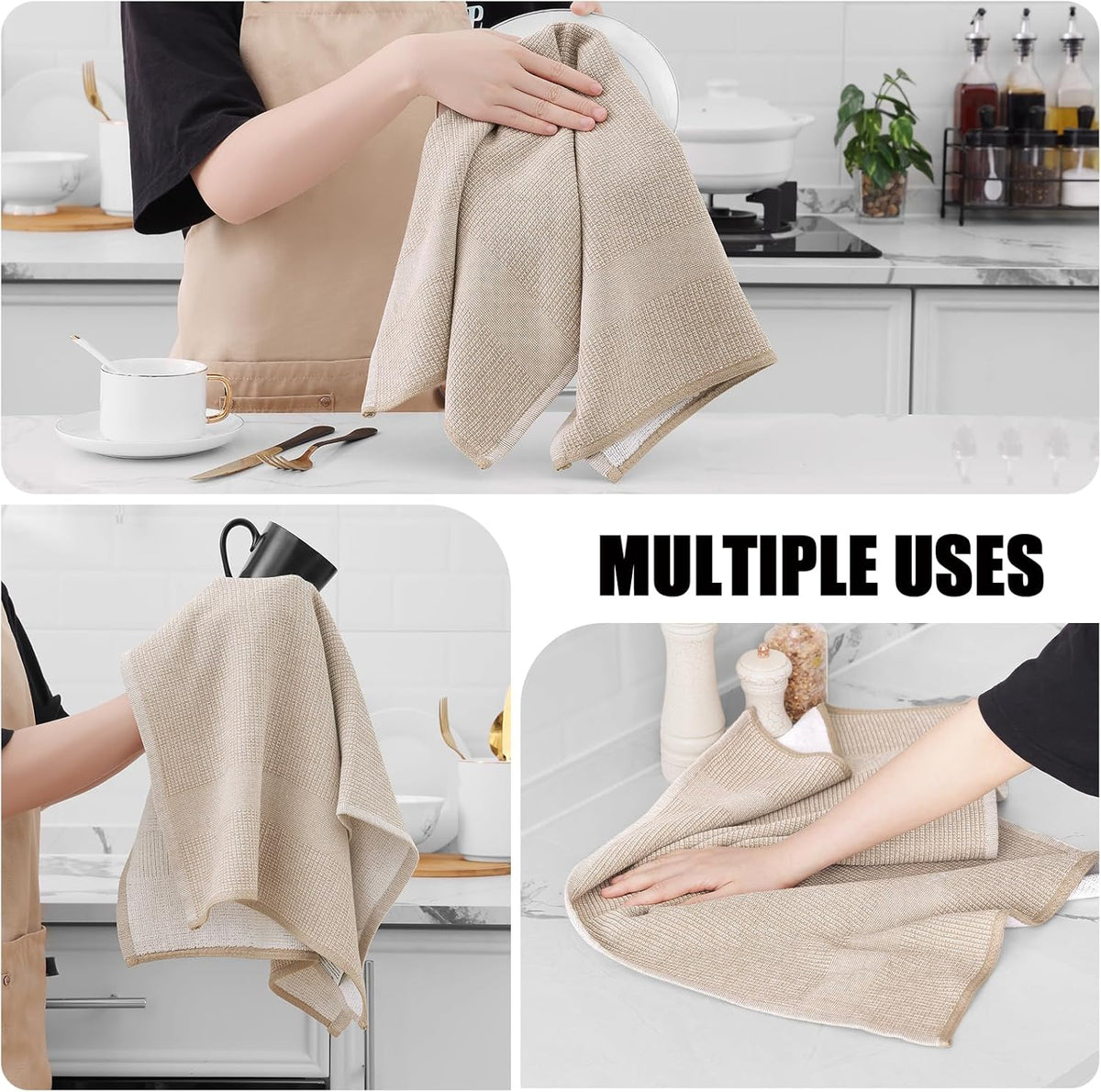 Homaxy Premium Kitchen Towels(18”x 28”, 6 Pack), Large Cotton Kitchen Hand Towels, Flat and Terry Dish Towels, 380 GSM Highly Absorbent Tea Towel Set with Hanging Loop, Khaki