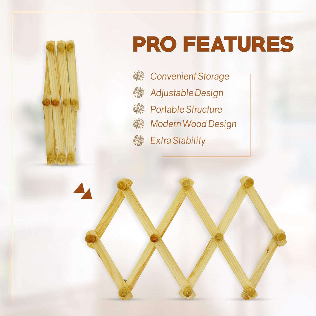 Set of 4 RAM-PRO Accordion Style Wood Expandable Wall Rack for Hat, Cap, Belt, Umbrella Coffee Mug Jewelry Hanging Wooden Pegs