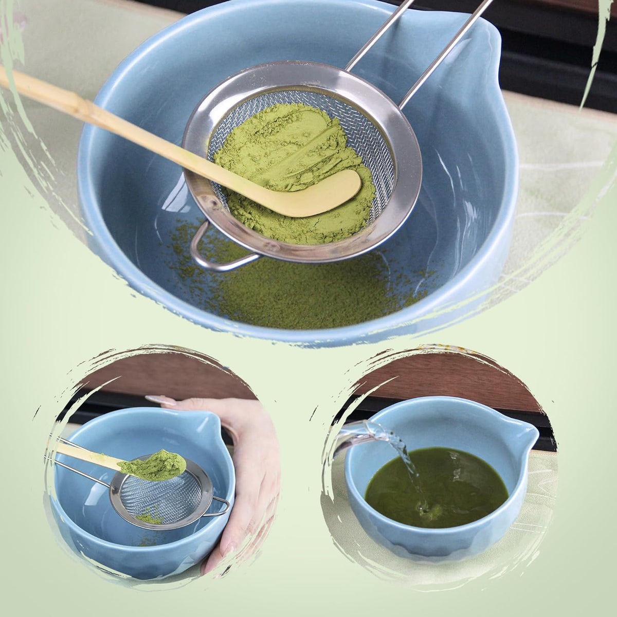 7-Pcs Matcha Whisk Set - Ceramic Matcha Set Includes Bowl,Whisk,Holder,Bamboo Scoop,Scoop Rest,Sifter & Tea Towel – Japanese Traditional Tea Kit for Beginners & Tea Lovers (Blue)