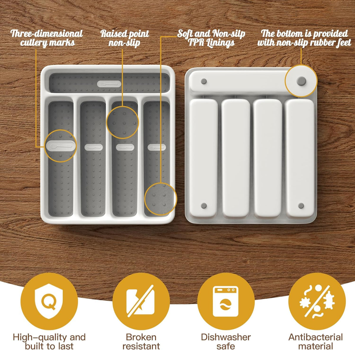 5-Slot Utensil Drawer Organizer for Silverware & Cutlery | Large Plastic Utensil Holder with Non-Slip Design, Silverware Drawer Organizer, BPA-Free (White)