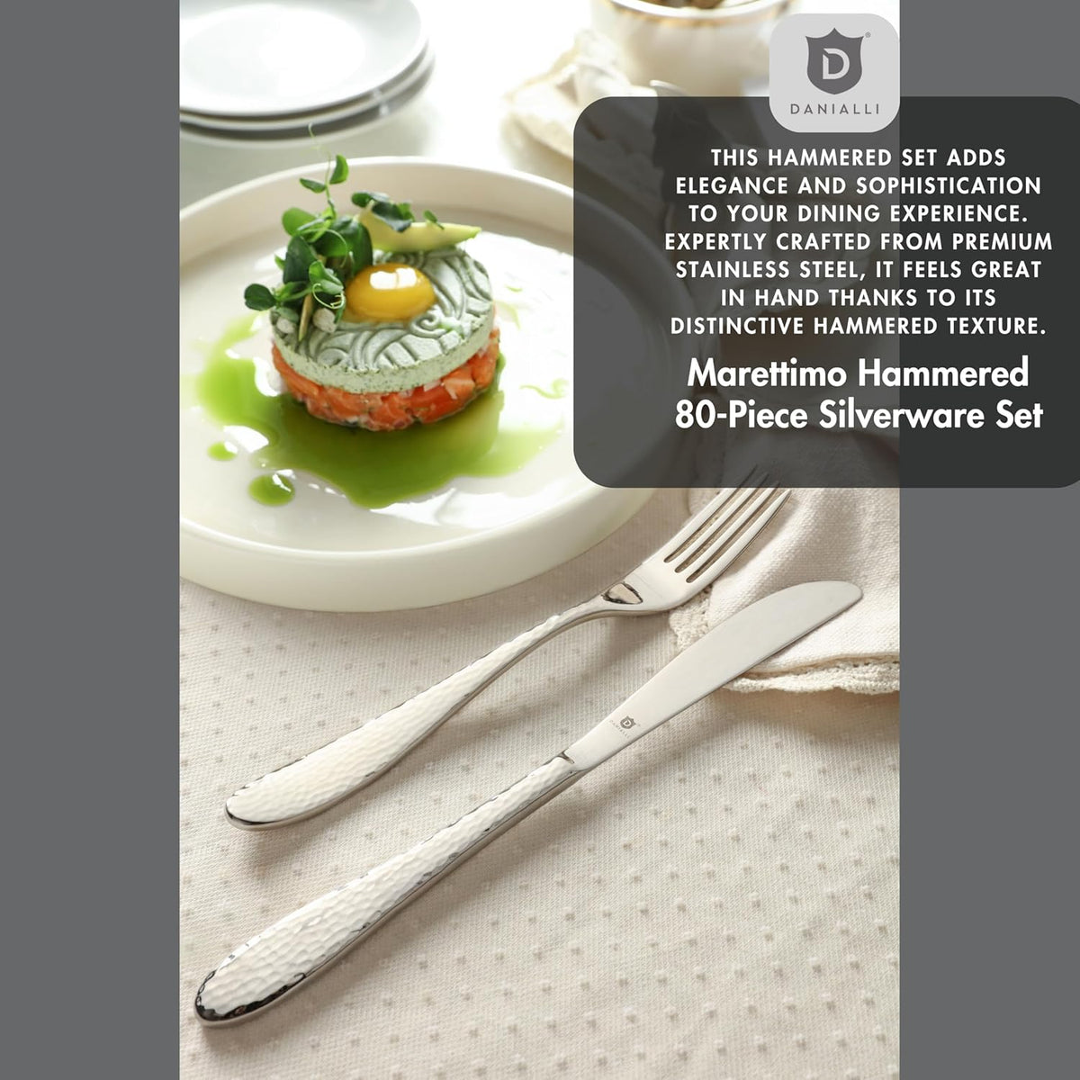 Silverware Set for 16 | 18/10 Stainless Steel Flatware Set | Mirror Finish, Heavy-Duty, Dishwasher Safe, Elegant & Durable, Built to Last (80-Piece, Marettimo Hammered)