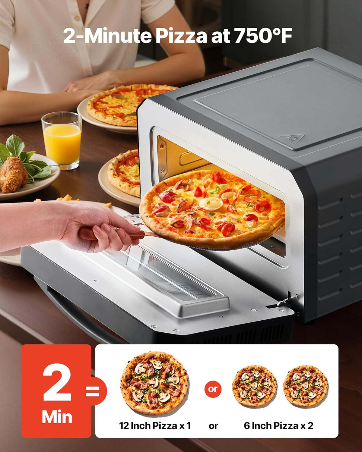 VEVOR Electric Pizza Oven, Smart Pizzas Maker Indoor with 5 Preset, 12-Inch Countertop Pizza Cooker w/Touch Srceen, 750℉ Max Temp, 2-Min Rapid Baking Oven Thin & Crispy, Neapolitan, Frozen, New York