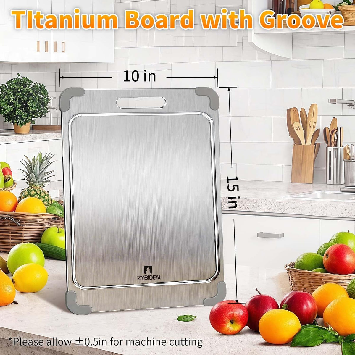 100% Pure Titanium Cutting Board with Grooves, Update Double Side Titanium Chopping Board, Silicone Anti-slip Stainless Cutting Boards for Kitchen 10 * 14 IN, Grey