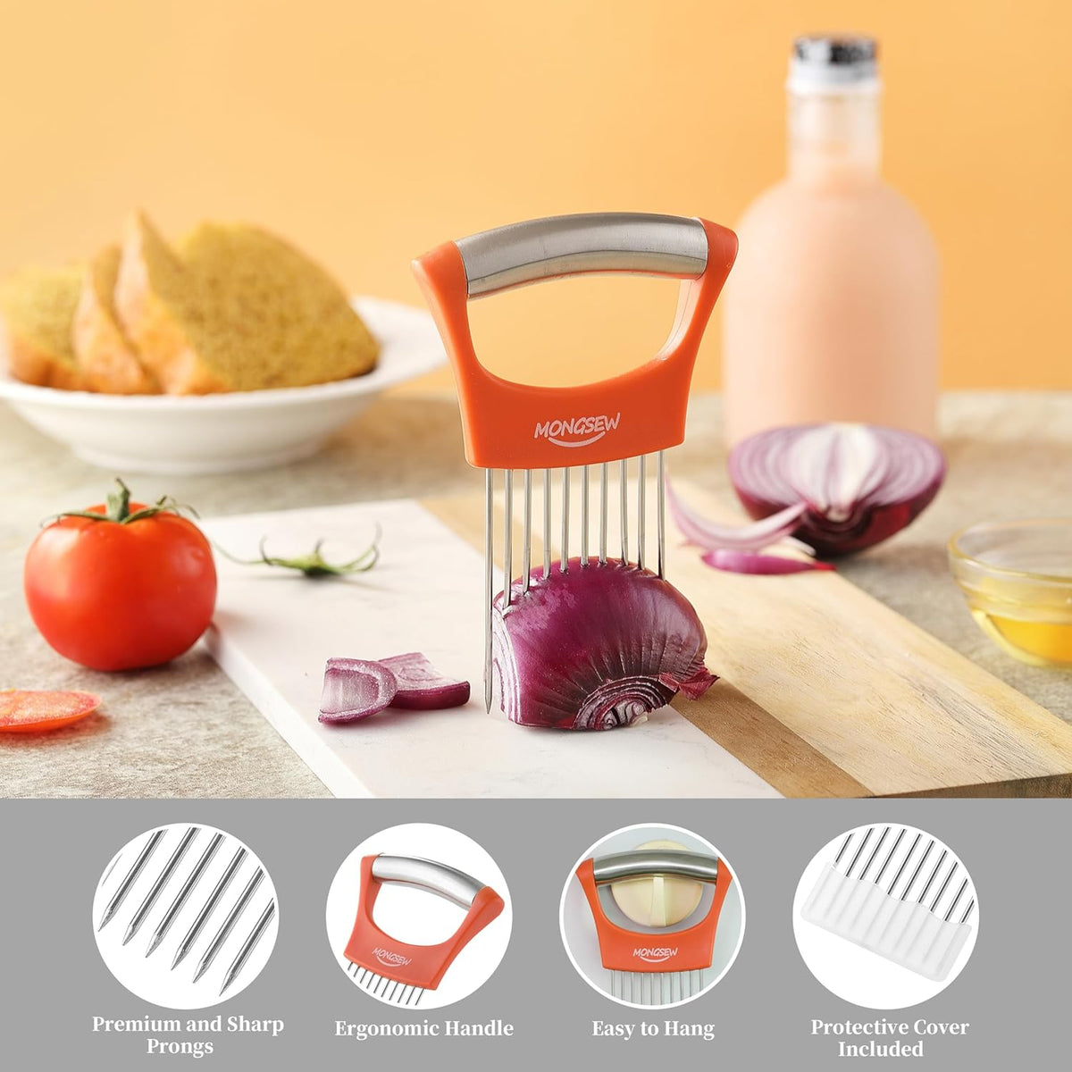 Onion Slicer Holder, MONGSEW Stainless Steel Onion Cutter for Slicing and Storage of Onions, Avocados, Eggs, Dishwasher Safe, Protective Cover Included (Stylish Orange)