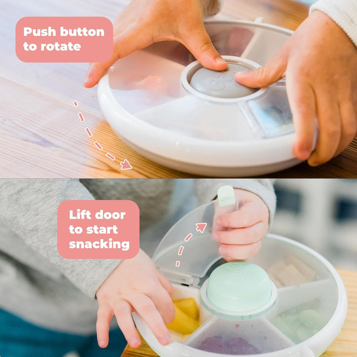 GoBe Kids Small Snack Spinner Flip Bundle with Hand Strap and Sticker Sheet - Reusable Snack Container with 5 Compartment Dispenser and Lid | BPA/PVC Free | Dishwasher Safe | No Spill- GoBe Grey