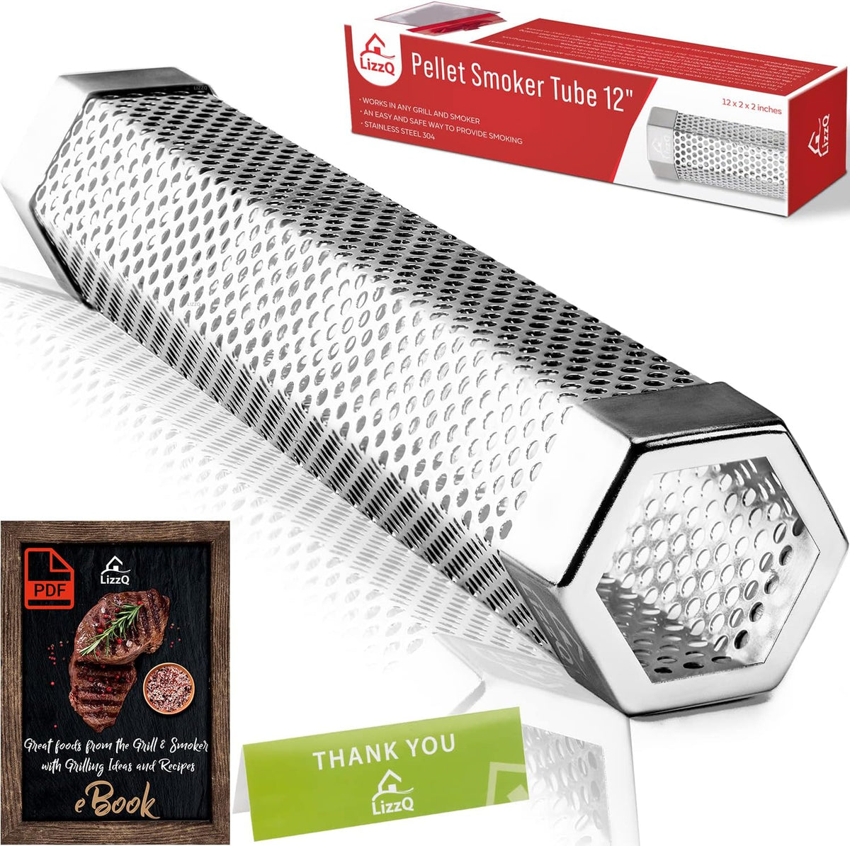 Premium Pellet Smoker Tube 12 inches - 5 Hours of Billowing Smoke - Hot or Cold Smoking - for Any Grill or Smoker - An Easy and Safe Way to Provide Smoking - Free eBook Grilling Ideas & Recipes