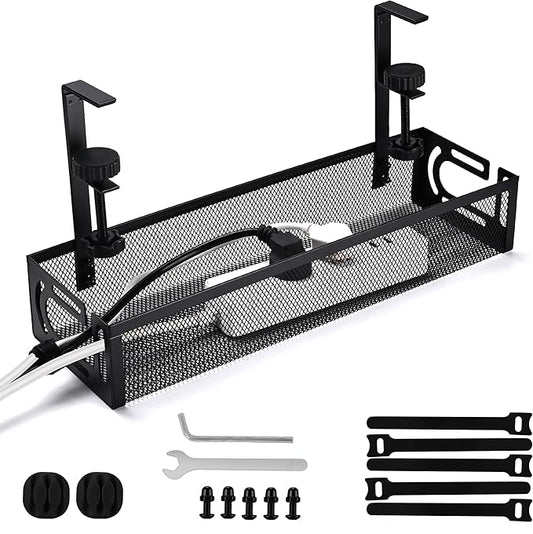 Under Desk Cable Management Tray with No Drill Installation, Power Strip Holder & Wire Organizer Storage Rack for Desk, Office, Home (L-Black)