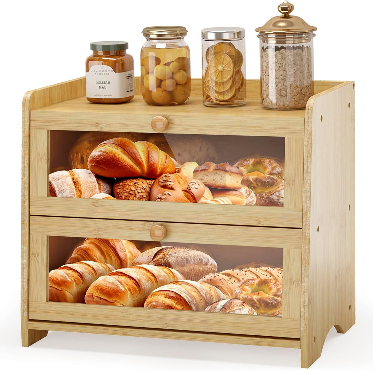 Double Layer Bread Box for Kitchen Countertop, Large Breadbox Bread with Windows, Wooden Farmhouse Bread Holder (Natural Bamboo)